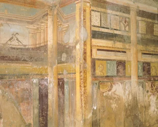 Detalle de fresco, parte de la decoración mural, Casa del Laberinto, Pompeya , Campania, Civilización Romana