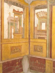 Detalle de pared pintada al fresco en arquitectura de imitación, Casa de los Vettii, Pompeya , Campania, Civilización romana