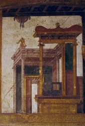 Arquitecturas fantásticas, fresco del oecus en la Casa de los Vettii, Pompeya (Lista del Patrimonio Mundial de la UNESCO