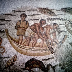 Escena de pesca en mosaico en Hippo, Argelia