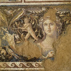Piso de una villa romana en Zippori (Nazaret) que representa escenas de la vida de Dionisio, detalle del rostro de una mujer conocida como la Mona Lisa de Galilea, siglo III-IV d.C. (mosaico)