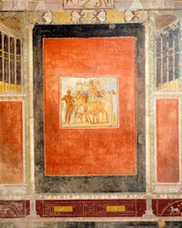 Decoración al fresco de la Sala del Tablino, Casa de Marco Lucrecio Fronto, Pompeya , Campania, Civilización romana