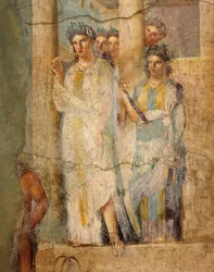 Fresco que representa Ifigenia en Tauris, Detalle de las doncellas, de la Casa de L. Caecilius Giocondus en Pompeya, Italia.