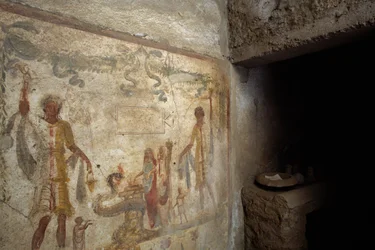 Fresco que representa Lararium cerca de la entrada a la cocina, Casa de Cayo Julio Polibio, Pompeya (Lista del Patrimonio Mundial de la UNESCO