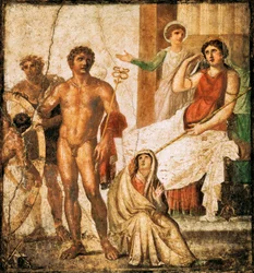 Fresco que representa la Tortura de Issone, de la Casa de Vettii, Pompeya, Campania