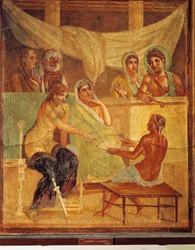 Fresco que representa a A.D.metus y Alcestis consultando el oráculo, de la Casa del Poeta Trágico, Pompeya, Italia.