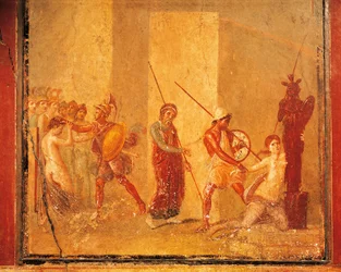 Fresco que representa el encuentro entre Príamo, Menelao y Helena en el Palacio Real, Pompeya , Campania, Civilización romana