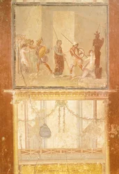 Fresco que representa el encuentro de Príamo, Menelao y Helena y Arisace persiguiendo a Casandra, de la Casa de Menandro, Pompeya , Campania, Civilización romana