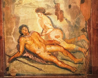 Fresco que representa el mito de Píramo y Tisbe, casa de Loreio Tiburtino, Pompeya, Campania, civilización romana