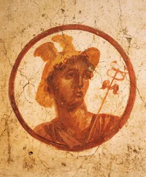 Fresco que representa el retrato de un hombre sobre fondo blanco, Casa de la Antigua Caza, Pompeya , Campania, Civilización Romana