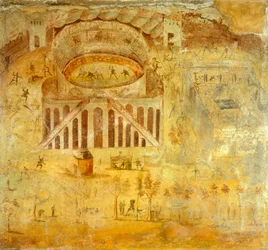 Fresco que representa una riña entre pompeyanos y nocerinos en el anfiteatro, de Pompeya , Campania, Civilización romana
