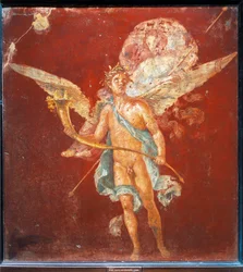 Fresco que representa a un Genio alado llevando a una mujer a hombros, de la Casa del Naviglio, Pompeya, Italia.