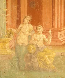 Fresco en cuarto estilo pompeyano sobre fondo rojo, Casa de Pinario Ceriale, Pompeya , Campania, Civilización romana