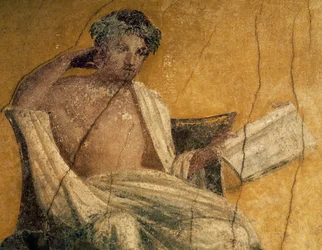 El dramaturgo griego Menandro, detalle del fresco, peristilo de la Casa de Menandro, Pompeya, Campania, Italia, civilización romana