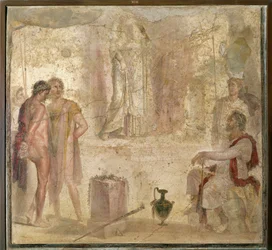 Italia, Campania, Pompeya, Casa de los Cupidos de Oro, Orestes y Pílades ante Ifigenia, fresco