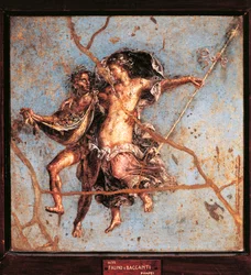 Italia, Campania, Pompeya, Fauno y Ménade de la Casa de los Dioscuros, fresco
