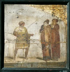 Italia, Campania, Pompeya, Escena teatral, fresco