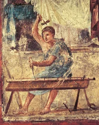 Italia, Región Campania, Provincia de Nápoles, Pompeya, Casa de los Vettii, Fresco que representa a un carpintero