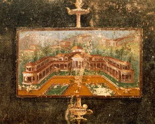 Paisaje y arquitectura en pintura mural en tablinum, 3er Estilo Pompeyano, Casa de Marco Lucrezio Fronto, de Pompeya, Campania, Italia.