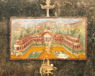 Paisaje y arquitectura en la pintura mural del tablinum, Casa de Marco Lucrecio Fronto, Pompeya , Campania, Civilización romana