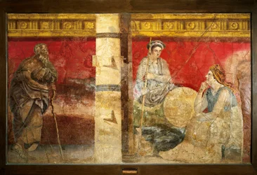 La familia real de Macedonia y un filósofo. Fresco, 325 x 199 cm. Procedente de Boscoreale, cerca de Nápoles. Museo Arqueológico Nacional, Nápoles
