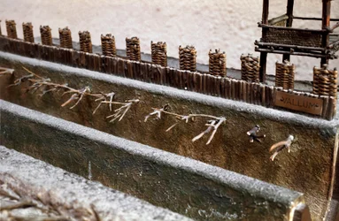 Modelo que reproduce el asedio y la batalla de Alesia en septiembre del 52 a.C. por Julio César que vio la derrota de Vercingetórix. Detalle que representa el sistema de defensa construido por César. Roma, Museo de la Civilización Romana