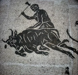 Mosaico que representa una escena de matanza de un toro encontrado en Ostia (Ostia) (cerca de Roma). Actualmente conservado en la antigua Sala de Bomberos de Ostia.