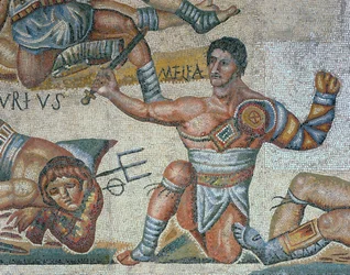 Mosaico que representa una escena de gladiadores luchando, detalle de un gladiador triunfante