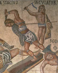Mosaico con una escena de gladiadores luchando (detalle)