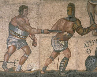 Mosaico con una escena de gladiadores luchando (detalle)
