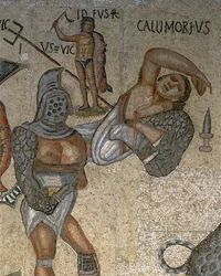 Mosaico con una escena de gladiadores luchando (detalle)