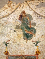 Pintura de estilo pompeyano que representa a una ménade con un tirso en la mano.