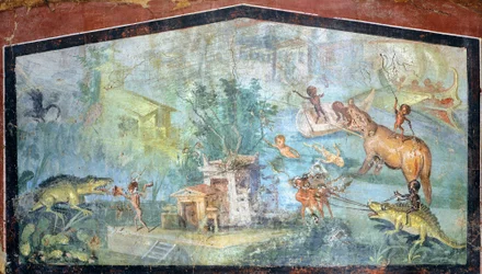 Pintura sobre yeso que representa una escena nilótica con pigmeos atacando a cocodrilos e hipopótamos, 75x127 cm, procedente de Pompeya (Lista del Patrimonio Mundial de la UNESCO