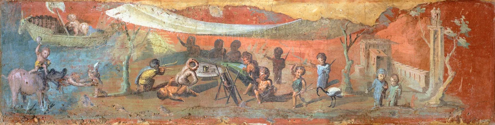 Pintura sobre yeso que representa una escena a orillas del Nilo con pigmeos, 56x217 cm, procedente de Pompeya (Lista del Patrimonio Mundial de la UNESCO