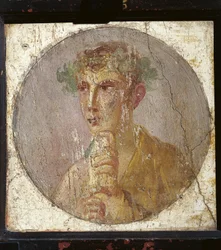 Retrato de un joven con un rollo de papiro en Italia, Campania, Pompeya, pintura sobre yeso, 55-79 d.C.