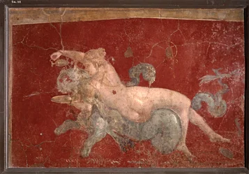 ARTE ROMANO: Nereida sobre una pantera marina a la que da de beber en una copa baja (fresco)