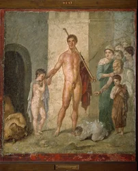 Representación de Teseo, el héroe de la mitología griega, liberando a los siete jóvenes del laberinto tras el triunfo sobre el minotauro. Fresco de la Villa de Gavius Rufus en Pompeya. Museo Arqueológico de Nápoles - Arte romano
