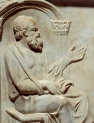 Antigüedades romanas, Sarcófago de las Musas: Sócrates (469-399 a.C.) filósofo griego con su musa. Detalle París, Museo del Louvre