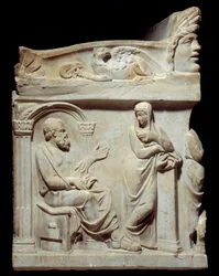 Antigüedad romana: Sarcófago de las Musas. Este sarcófago está adornado con la representación de las nueve musas y, en los lados pequeños, retratos del filósofo Sócrates y el poeta Hesíodo. Aquí, Sócrates (469-399 a.C.), filósofo griego, con su m