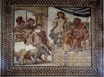 Arte romano: Admete, rey de Feres en Tesalia, habiendo domesticado un jabalí y un león, pide la mano de Alceste a Pelias, rey de Iolcos