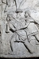 Arte romano: “un soldado dacio prisionero de soldados romanos” Molde de 1862 que reproduce los bajorrelieves de la columna de Trajano (columna Trajana) en Roma construida durante el reinado del emperador Trajano (53-117). La columna Trajana conmemora la vi