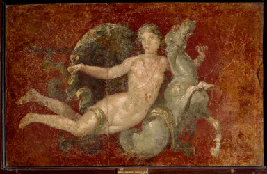 Arte romano: una mujer montada en un caballo marino. Fresco de Estabia. Nápoles, Museo Arqueológico Nacional