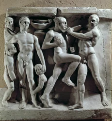 Arte romano: escena de boxeo. Bajo relieve. Museo della civilta romana, Roma