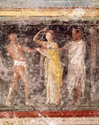 Arte romano: escena de lucha entre un hombre y una mujer procedente del friso de la sala C, Villa Farnesina, Roma, Museo Nazionale Romano