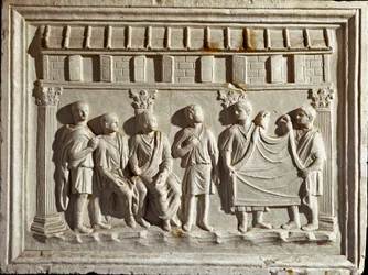 Arte romano: molde de bajorrelieve que representa una tela y tapices. De un original del siglo II d.C. Roma, Museo della Civilta Romana