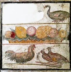 Arte romano: mosaico que representa gallinas, un ganso y aves de corral. Roma, Museo Nazionale Romano