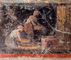 Arte romano: mujeres realizando tareas domésticas, procedente del friso de la sala C, Villa Farnesina, Roma, Museo Nazionale Romano