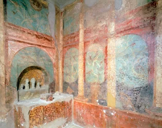 Sala dedicada al culto doméstico de Lares, Casa de Menandro, Pompeya , Campania, Civilización romana