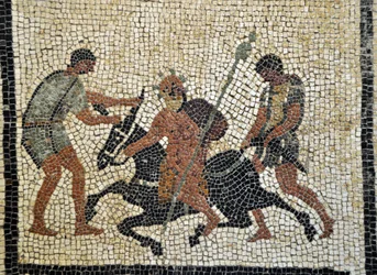 Sileno ebrio: Sileno ebrio cabalga sobre un asno sujetado por dos sirvientes. Mosaico de Pompeya, casa de Paquius Proculus o C. Cuspius Pansa. Museo Arqueológico Nacional de Nápoles, Italia. Foto Patrice Cartier.