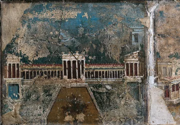 Fresco del tercer estilo que representa un paisaje arquitectónico, detalle de un edificio delimitado por un porche con columnatas, De Pompeya